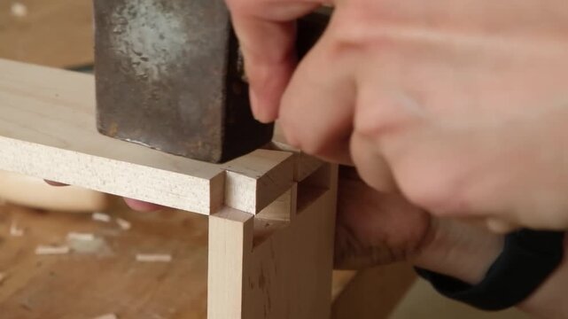 Craftsman assembling a wooden dovetail joint with a hammer