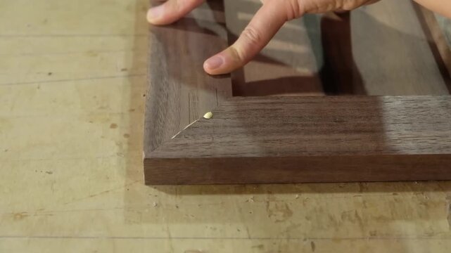 Tapping a small wooden dowel into a mitered frame joint