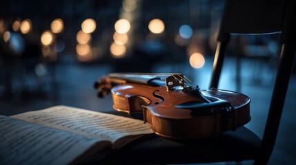 Violin and sheet music on a chair in a dark concert hall