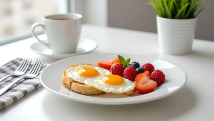 a minimalist breakfast scene featuring a clean white plate on a flat surface during the morning meal hours