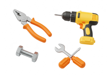 Set of construction tools isolated on transparent background
