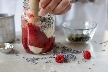 Muddling Begins: Blending Raspberry, Sugar, Lavender, Pea Flower