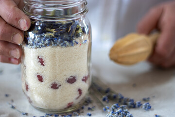 Completed Jar of Infused Raspberry, Lavender, and Pea Flower