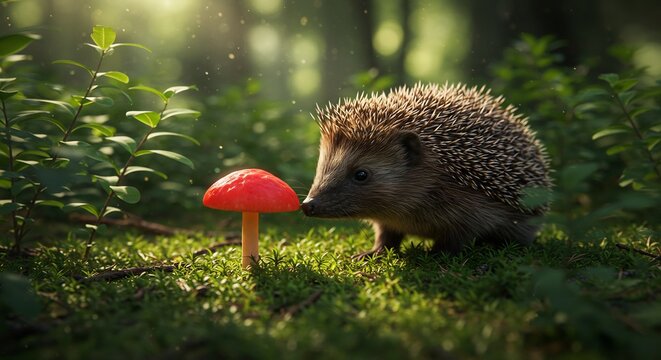 Niedlicher Igel entdeckt roten Pilz Morgenlicht Wald. AI Generated