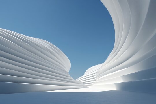 Abstract architecture with white, curving structures under a bright blue sky, creating a sense of openness and futuristic design.