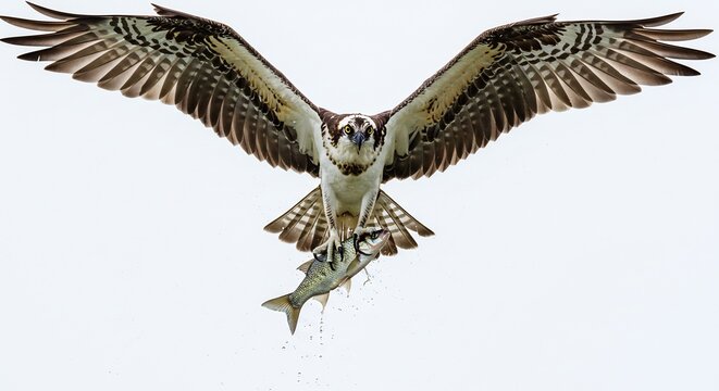 Kraftvoller Fischadler gleitet elegant mit Fang durch Luft helles Licht. AI Generated