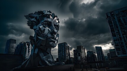 Fototapeta premium Surreal cityscape of a human face emerging from stormy clouds