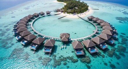Fototapeta premium Aerial View of Overwater Bungalows in a Tropical Paradise Lagoon