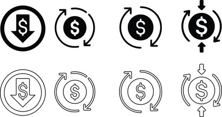 Dollar and Currency Flow Icon Set &ndash; Vector and Outline