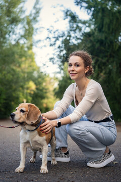 Woman petting beagle dog in the park. Pet owner and dog.