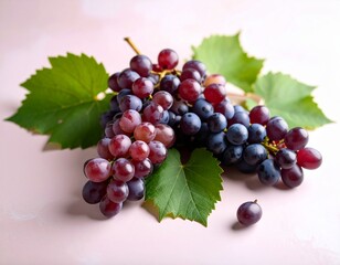 Stylized view of grapes with loose green leaves resting on a flat background