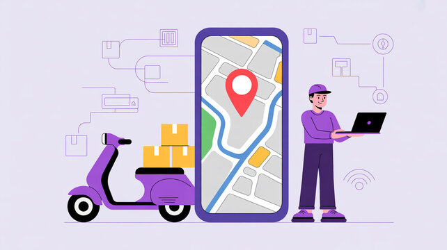 A modern delivery service concept illustration showing a delivery man with a laptop, a scooter with packages, and a mobile app displaying a map with a location pin. The illustration conveys speed and 