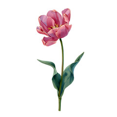 Single Pink Tulip Flower with Green Leaves on White Background