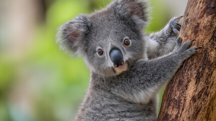 Close-Up of Adorable Baby Koala Clinging to Eucalyptus Tree in Australian Forest