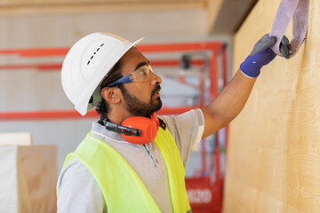 worker with helmet and safety jacket checking the work
