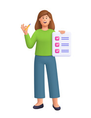 Young smiling woman Kate holding pencil and checklist with completed tasks. Task management, productivity, organization, planning concept. 3d vector people character. Cartoon minimal style.