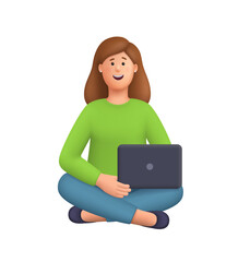 Young smiling woman Kate sitting with crossed legs and with a laptop on her lap. Freelance, online learning, work at home and remote work concept. 3d vector people character. Cartoon minimal style.