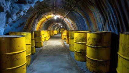 A photograph of yellow metal barrels containing radioactive liquid, situated in an underground mine tunnel filled with rocks and debris.