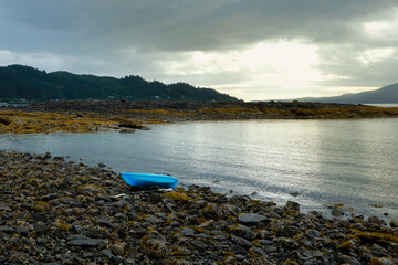 Blue kayak rests on rocky, seaweed-covered shoreline at low tide