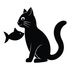 Black silhouette of a cat eating from a bowl on a white background, Cat silhouette vector illustration, Black cat silhouette isolated on white, Cat, Dog and Cat eating together.