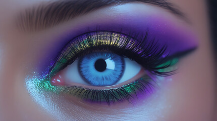 A close-up of an eye with vibrant purple and blue eyeshadow, glitter highlight, and striking contact lenses, 4K and HD image.