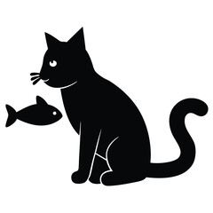 Obraz premium Black silhouette of a cat eating from a bowl on a white background, Cat silhouette vector illustration, Black cat silhouette isolated on white, Cat, Dog and Cat eating together.