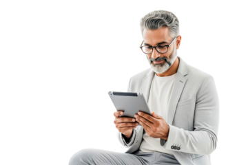 businessman looking at tablet isolated on white