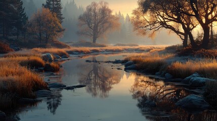 Fototapeta premium Serene autumn morning with mist over the river and golden foliage in a tranquil forest landscape
