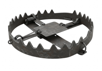 Metal animal trap with sharp teeth isolated on transparent background
