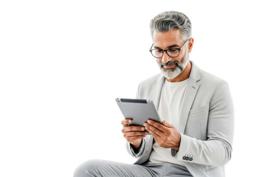 businessman looking at tablet isolated on white