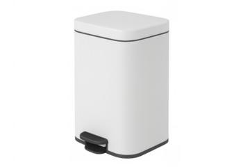 Clean white pedal trash can photographed in studio setting, transparent background allowing seamless digital design integration