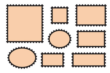 Post stamp frame and border. Grey square and rectangular template for mail, postcard, letter. Jagged wavy edge forms. Vintage objects for poster, banner, badge, stick