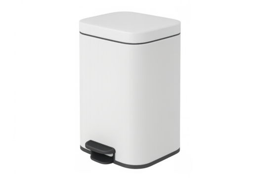 Clean white pedal trash can photographed in studio setting, transparent background allowing seamless digital design integration