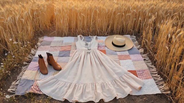 Elegant dress and accessories arranged on a patchwork blanket in a golden wheat field at sunset