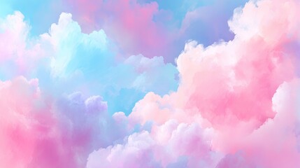 Dreamy pastel clouds drift gently across a bright sky, full of fluffy, soft textures