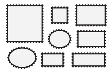 Post stamp frame and border. Grey square and rectangular template for mail, postcard, letter. Jagged wavy edge forms. Vintage objects for poster, banner, badge, stick