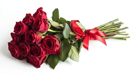 A dozen red roses tied with a red ribbon on a white background. (1)