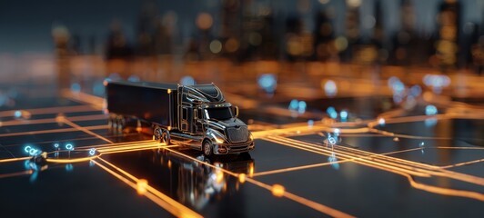 The futuristic truck model navigating a digital city landscape.
