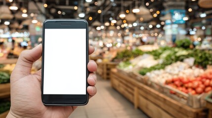 Close up of customer holding mobile phone with blank white screen in grocery.Store supermarket or retail shop background mockup