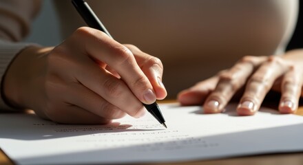 Close up of a woman hands writing on a white blank paper. Pen in hand, signing a document. Business and education concept with copy space for taking notes or working project text.	
