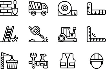Fototapeta premium Simple Black Line Icons Representing Construction Tools and Equipment