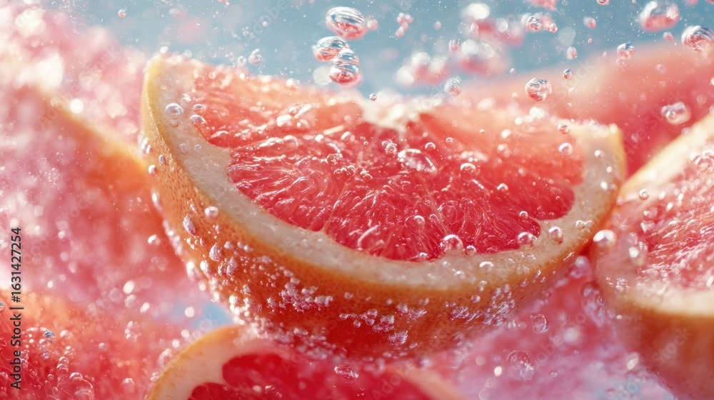 Poster the juicy grapefruit slices splashing in refreshing water bubbles.
