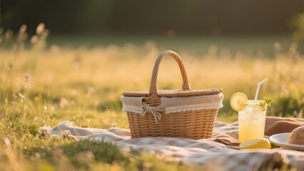 Picnic Basket with Lemonade on a Blanket in a Sunlit Field