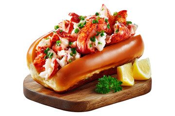 Lobster roll sandwich with lettuce and herbs in a buttered bun on wooden plate, isolated on white transparent background.