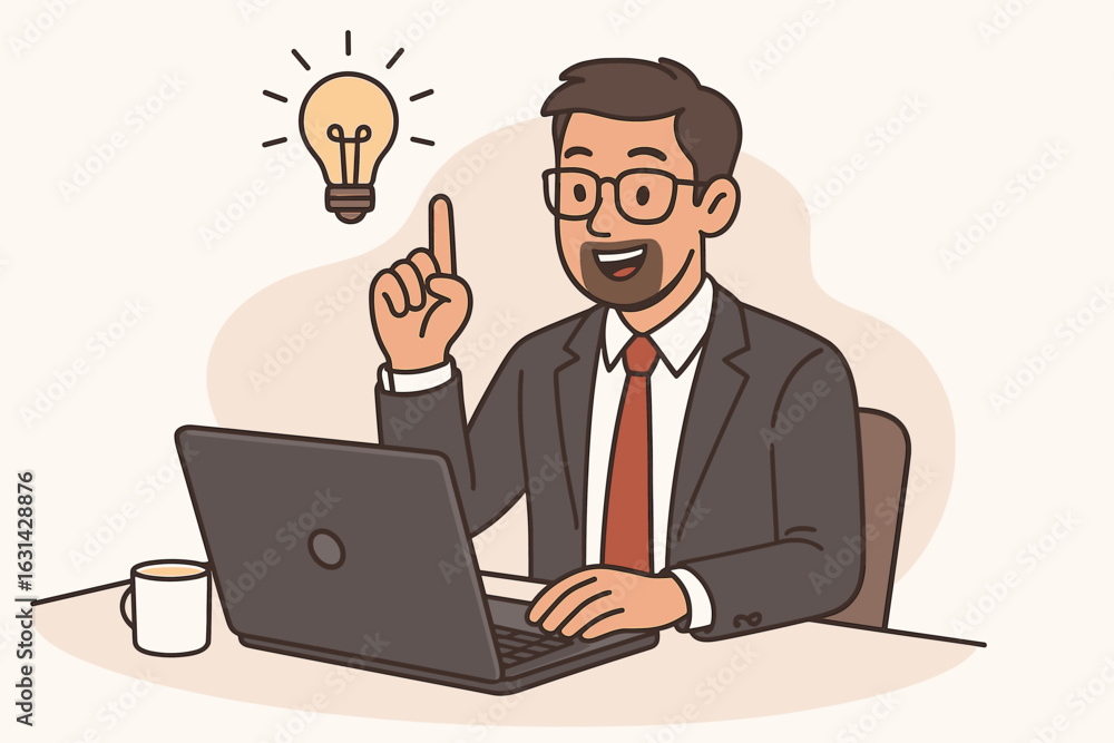Poster businessman getting new idea at computer. innovation creative thinking problem solving digital produ