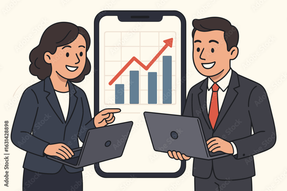 Poster business professionals analyzing financial growth chart on mobile screen. two smiling colleagues wit