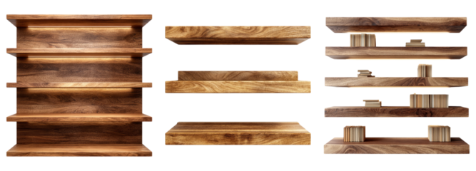 Wooden Shelves with Transparent Background for Clean Presentation
