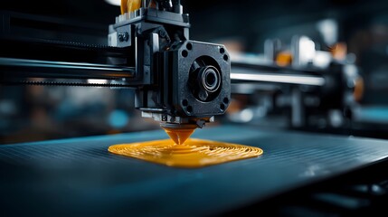 Fototapeta premium Printing process with heated nozzle laying down filament in smooth paths on a flat build surface.
