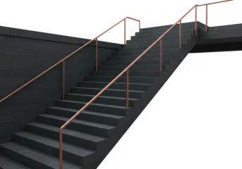 Modern dark staircase with copper handrails isolated on transparent background