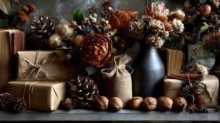 Rustic Holiday Composition with Kraft Paper Gifts and Pine Cone in Warm Natural Light perfect for seasonal home decor ad, eco-friendly packaging design, craft tutorials and winter celebration campaign